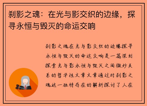 刹影之魂：在光与影交织的边缘，探寻永恒与毁灭的命运交响